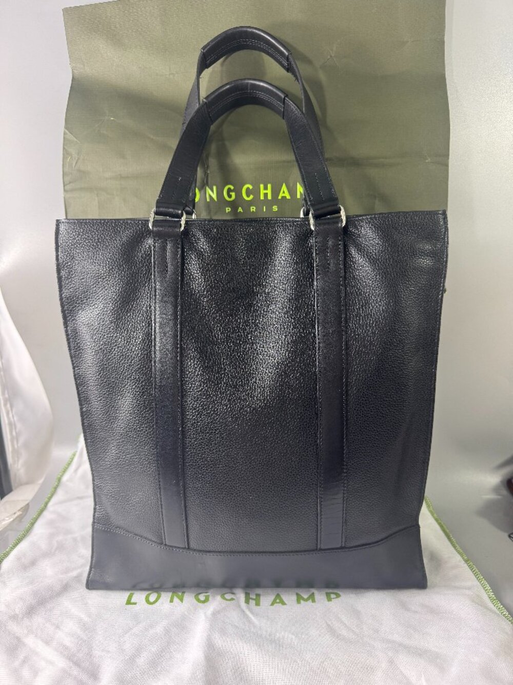 Authentic Longchamp Black Leather Le Foulonne Tote Bag